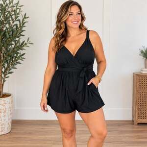 BloomChic 18-20 2X Black Swim Romper Swimsuit V Neck Tie Waist Plus Size NWT